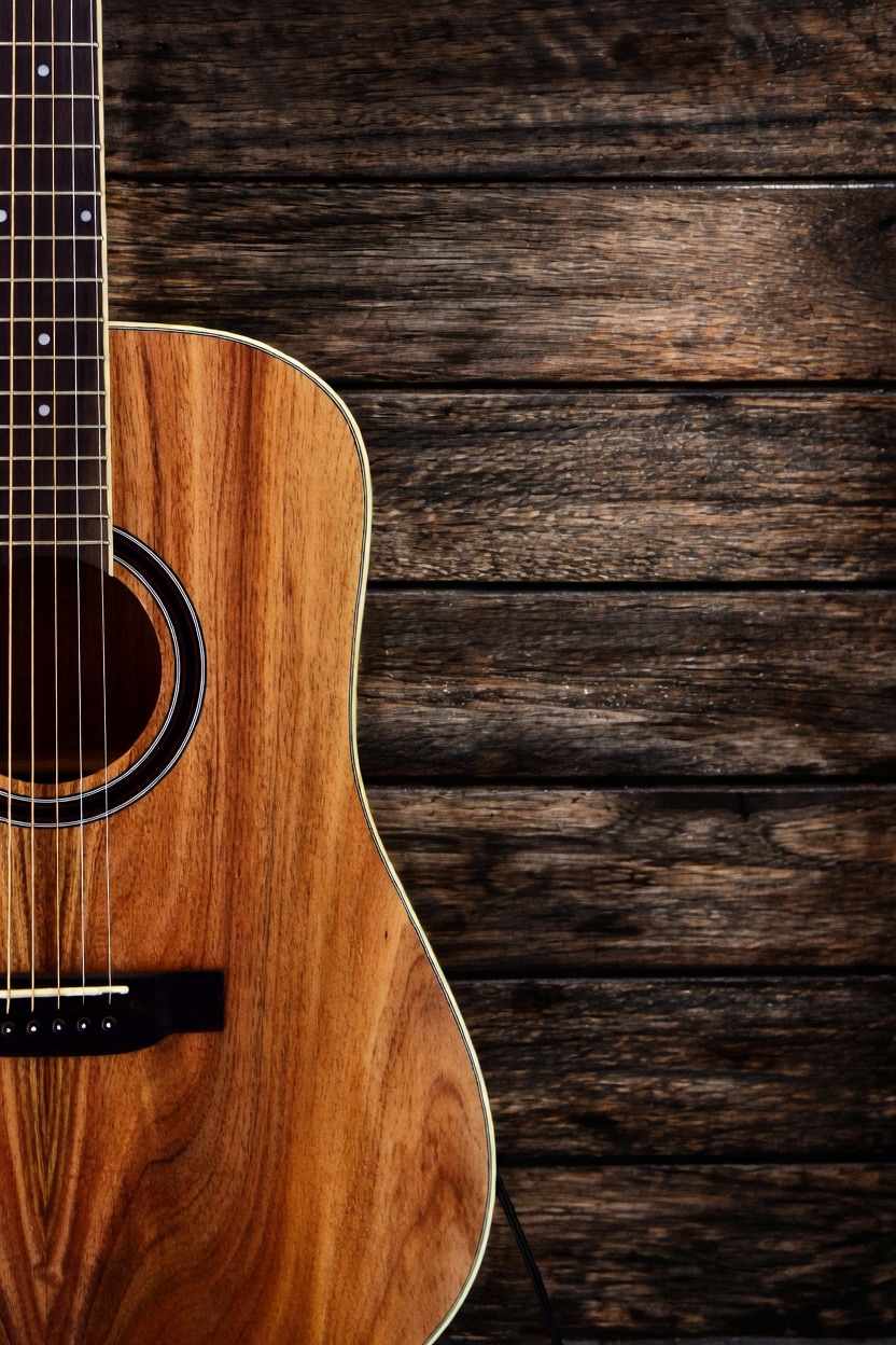 Close-up of a wooden acoustic guitar body against a dark horizontal wooden plank wall.