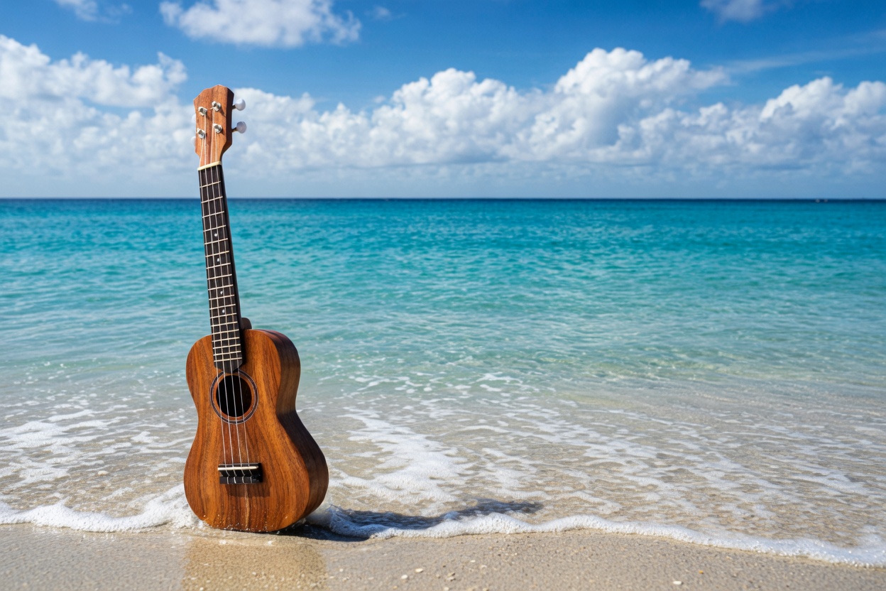 Wooden ukulele standing upright in the sand on a tropical beach with turquoise ocean waves and blue sky in the background.