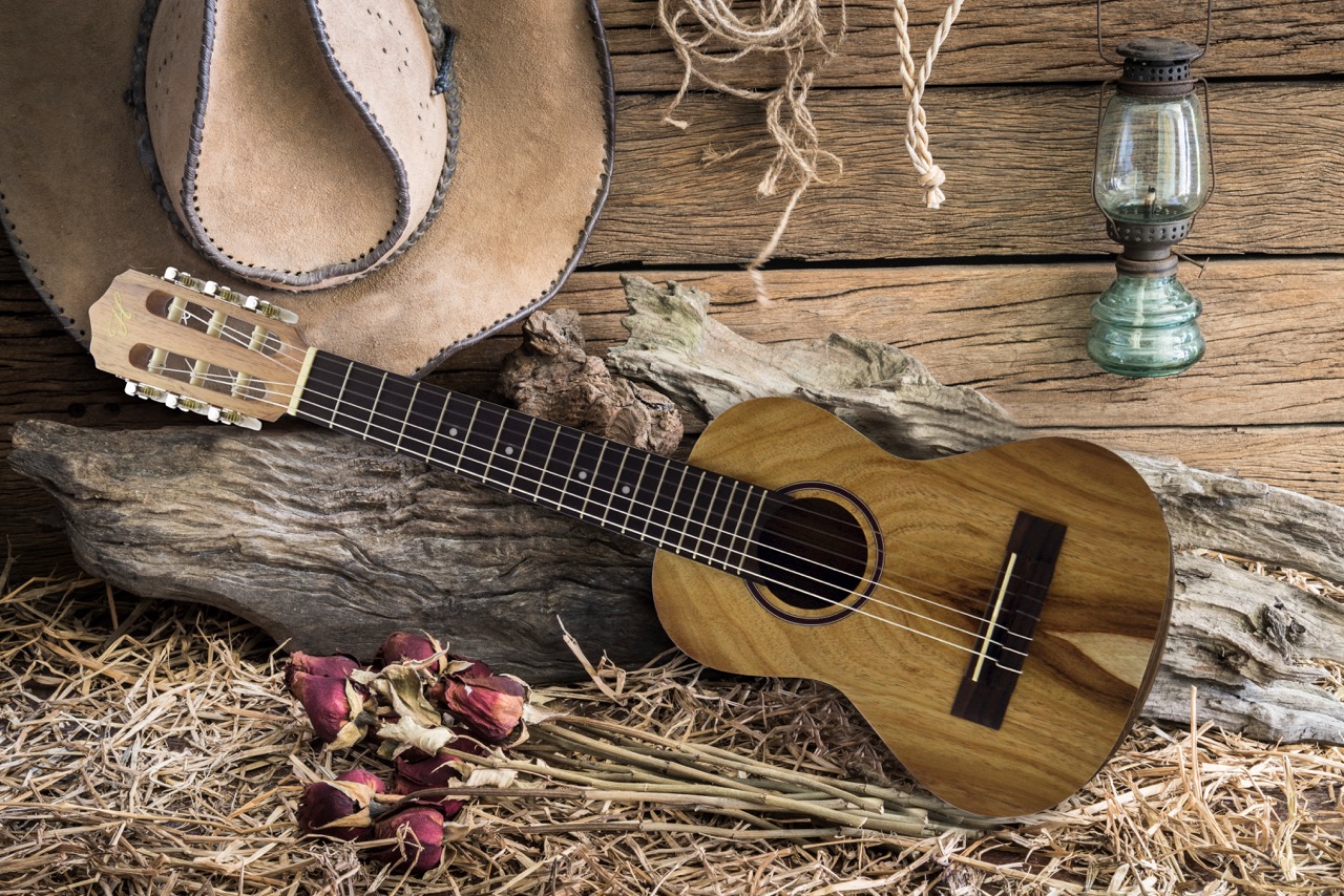 Wooden ukulele lying on driftwood and hay surrounded by a cowboy hat, vintage lantern, rope, and dried roses in a rustic Western setup.
