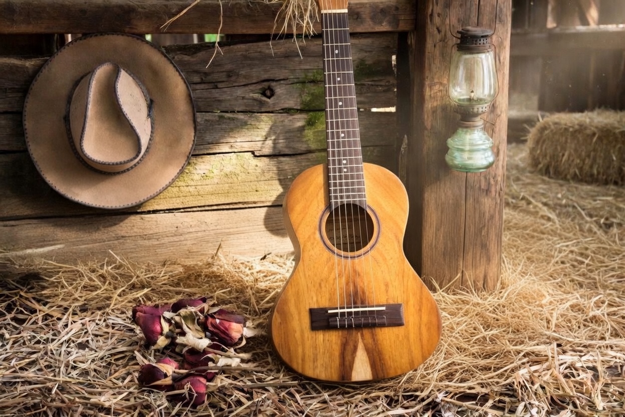 Wooden ukulele lying on driftwood and hay surrounded by a cowboy hat, vintage lantern, rope, and dried roses in a rustic Western setup.