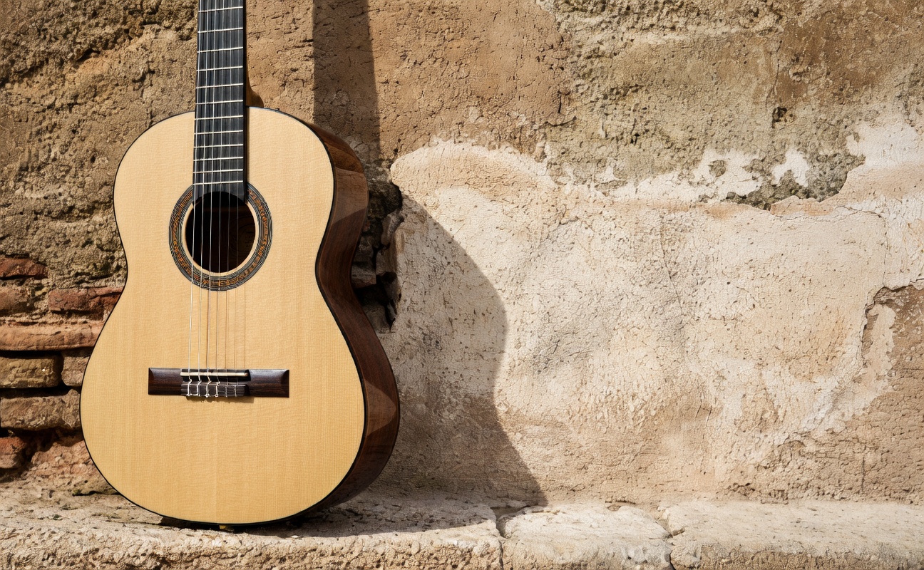 Light-colored acoustic guitar leaning against a weathered, textured plaster and stone wall.
