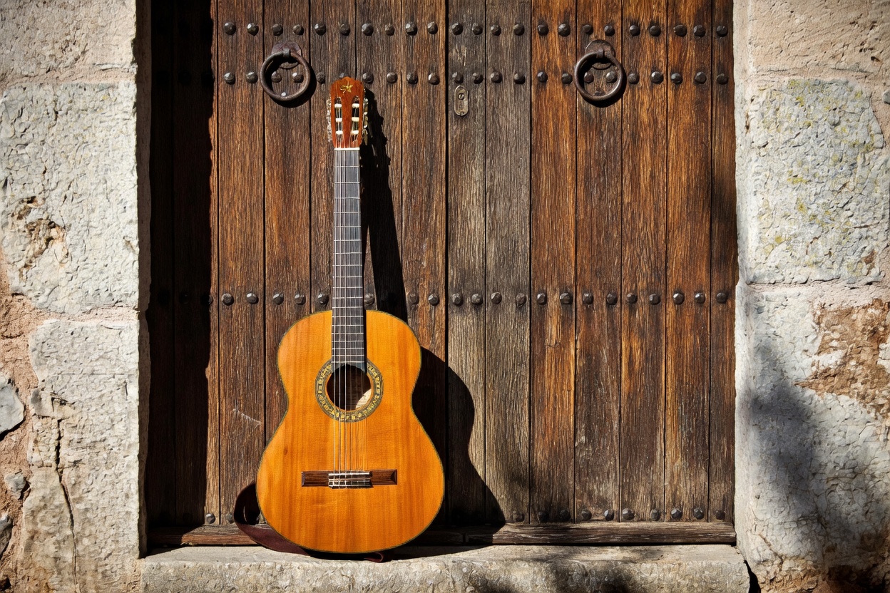 Classical acoustic guitar leaning against a large dark wooden studded door framed by white stone walls.